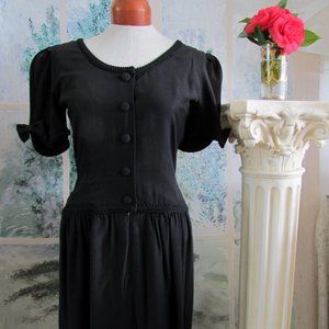 VINTAGE DRESS, 8, BLACK DANIEL BARRETT 1980s PUFF SLEEVES, BOWS, COVERED BUTTONS